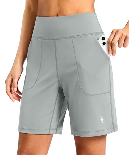 SANTINY 8'' Shorts for Women with 4 Pockets (Bright Grey, M)