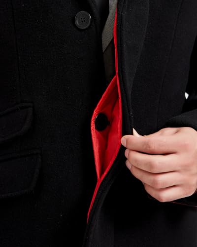 The Platinum Tailor New Mens Wool Covert Overcoat Warm Winter Mod Cromby Coat with Velvet Collar & Red Satin Lining, Black, 46 - Image 5