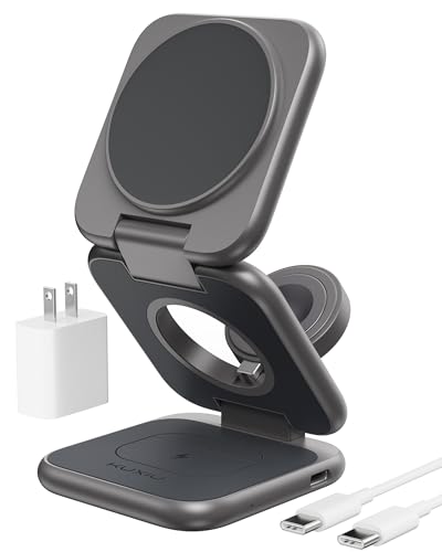 Image of Foldable Magnetic Wireless Charger, KU XIU X40 Plus Aluminum Alloy 3 in 1 Charging Station for Apple, Fast Mag-Safe Charger for iPhone 17 16 15 14 13 Series, 5W for iWatch, AirPods 3 /2 /Pro, Dark Gray
