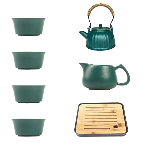 Chinese Tea Pot Cup Set With Tray Infuser - Travel Ceramic Tea Set Porcelain Teapot, Cute Asian Tea Set For Tea Lover/Women/Men(Square Pumpkin Green) #TOP3