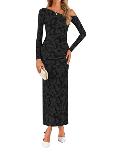 ZESICA Women's Fall Floral Off Shoulder Bodycon Maxi Dresses 2025 Long Sleeve Ruched Elegant Cocktail Party Dress,Black,Small