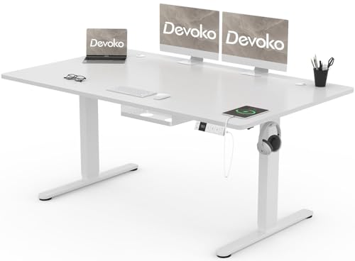 Devoko Bureau Assis Debout Électrique 160×80cm, Bureau Réglable en Hauteur avec Port de Charge USB, 3 Positions Mémorisables, Boîte de Câbles
