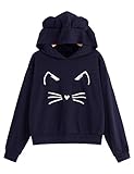 ROMWE Women's Cat Print Sweatshirt Long Sleeve Loose Casual Hoodies Pullover Shirt Top Navy L