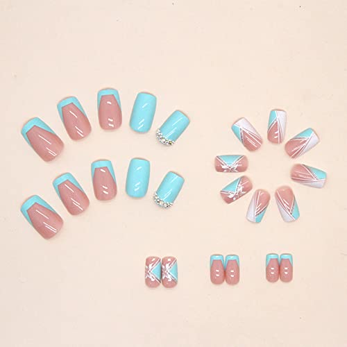 French Tip Press On Nails Blue Fake Nails Square False Nails With Rhinestone Designs Butterfly Artificial Nails Spring Summer Acrylic Nails Medium Stick On Nails Cute Glue On Nails For Women Manicure #TOP2