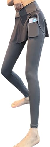 YANGRONG ヨガウェア レディース ヨガパンツ スカート付き レギンス スポーツウェア フレア ショート ストレッチ おしゃれ 通気性 伸縮性 フィットネス ダンス 練習着 可愛い 快適な動き 吸汗 速乾 ジム ハイウエスト 美脚 (グレー,XL,X