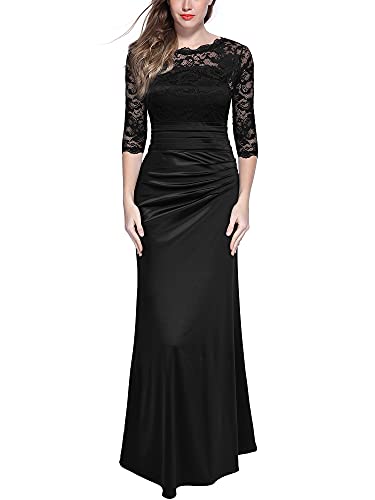 Miusol Women's Retro Floral Lace Vintage 2/3 Sleeve Slim Ruched Wedding Maxi Dress,Black,Large Miusol Women's Retro Floral Lace Vintage 2/3 Sleeve Slim Ruched Wedding Maxi Dress,Black,Large