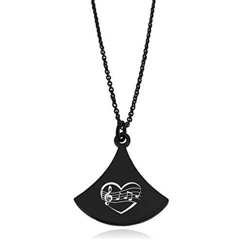 Black Stainless Steel Musical Love Note Heart Pendulum Curved Triangle Charm Pendant Necklace