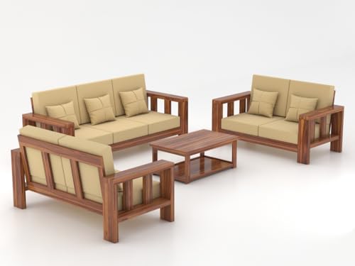 Image of Sheesham Wooden 7 Seater Sofa Set for Living Room | Solid Wood Sofa | Rosewood Sofa Set for Home & Office | Lounge (Natural, 3+2+2 Seater)