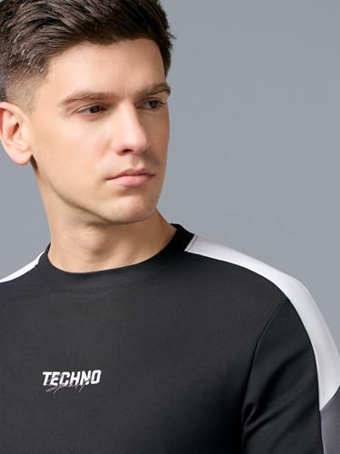 Image of TECHNOSPORT Men's Colorblock Full Sleeve T-Shirt MATPIQ Quick Dry Slim Fit Round Neck Sports Tee for Gym Casual Layering Wear UPF50+ Anti Odour