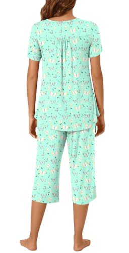 Image of Womens Summer Pajama Sets 2 Piece Short Sleeve Top and Capri Pants Plus Size Ladies Lounge Pjs Sets with Pockets