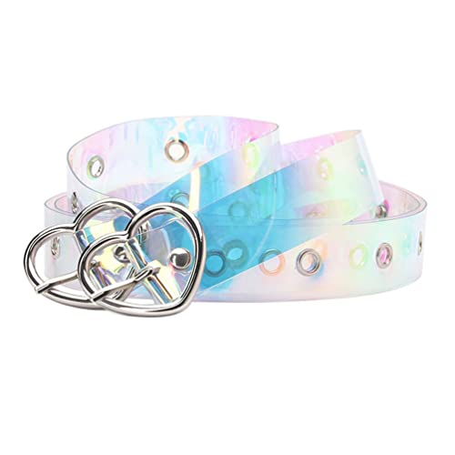 2 Pcs PVC Holographic Single Grommet Belt with Metal Buckle for Women Overcoat Dress Sweater Jeans Pants Blouse Tshirt (Heart Buckle)