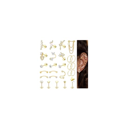 ADRAMATA 26Pcs Helix Piercing Jewellery Stainless Steel Tragus Earrings Set Flat Back Earrings Stud Conch Helix Hoop Cartilage Earrings Gold Silver Rook Daith Tragus Piercing Jewellery ADRAMATA 26Pcs Helix Piercing Jewellery Stainless Steel Tragus Earrings Set Flat Back Earrings Stud Conch Helix Hoop Cartilage Earrings Gold Silver Rook Daith Tragus Piercing Jewellery