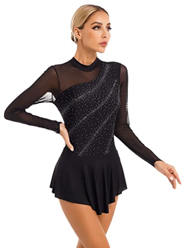 Freebily Women'S Figure Ice Skating Dress Long Sleeve Shiny Rhinestones Roller Skating Lyrical Dance Costume Black E Medium thumb #1