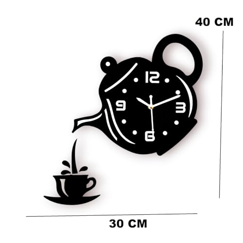 Image of cozyloom Tea Time Theme Wooden Wall Clock | Creative Teapot & Cup Cutout Design | Analog Kitchen Wall Clock for Home, Cafe & Office Decor | Gift Item (Black).