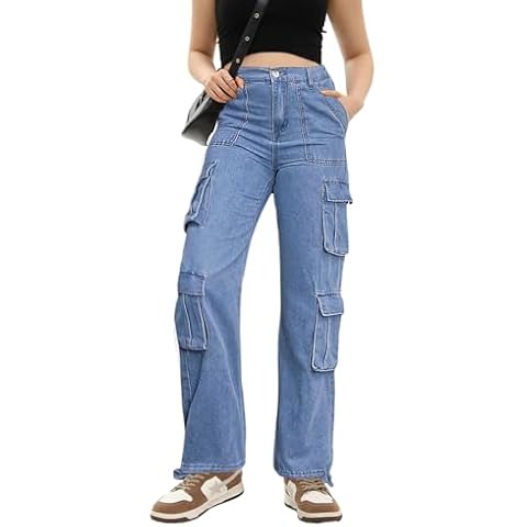 Women's Cargo Pants High Waisted Baggy Cargo Jeans Straight Leg Y2K Streetwear Trousers 8 Pockets for Women Denim Cover