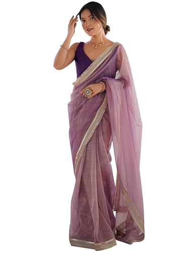 Image of AKHILAM Women's Shimmer Net Solid Saree With Unstitched Blouse Piece