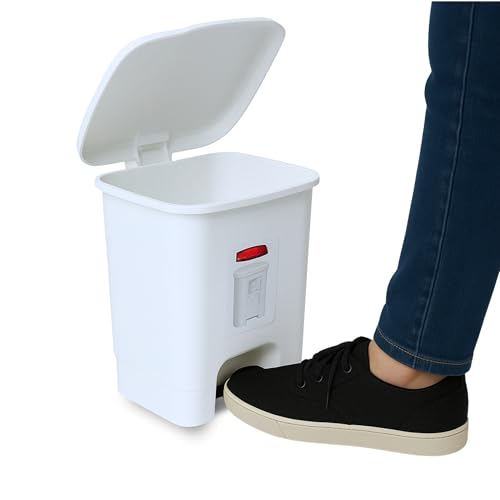 Cubo basura plástico, Cubo basura apertura pedal, Papelera de pedal, cubo de Pedal, Basura para baño, Libre de BPA, 25.5 cm alto x 24 cm ancho x 22 cm fondo, Capacidad 7.5 Litros, Blanco
