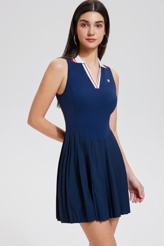 AFZ Women Pleated Golf Collared Dress Color Block V Neck Polo Tennis Athletic Pickleball Outfits4