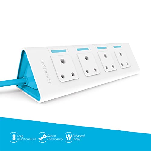 Image of anchor by panasonic 22062 6A Power Strip 4 Socket Spike Guard 4 Switch, 1.5 Mtr (White & Blue), Blue & White