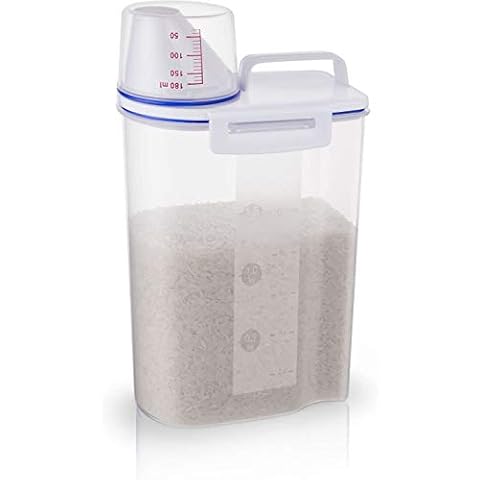TBMax Small Rice Storage Container 2L - Airtight Food Storage Container with Measuring Cup, BPA Free Plastic Portable Cereal Container for Kitchen - Storage Bin for Beans, Flour, Pet Food Cover