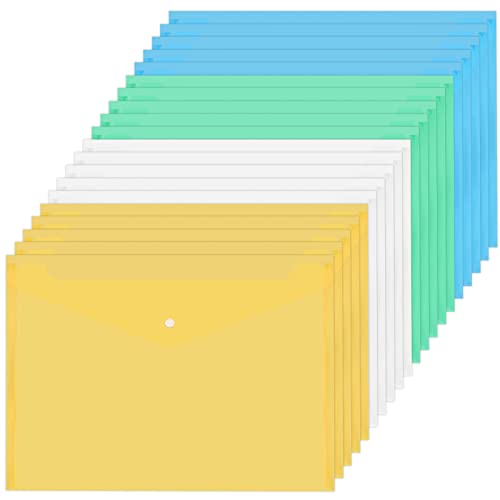 20Pcs Porte Document A4, Étanche Pochette Plastique A4 avec Bouton Pression, Transparente Chemise Rangement Papier Enveloppe Dossier Pochette pour Bureau Ecole, 4 Couleurs(Transparent+Bleu+Vert+Jaune)
