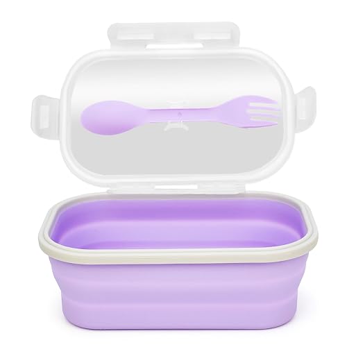 Leakproof Collapsible Silicone Lunch Box with Lid and Spork, Foldable Bento Box for Meal Prep, Travel, Camping, Microwave and Dishwasher Safe, 20.5 x 13 x 7 cm, Compact for Easy Storage - Purple