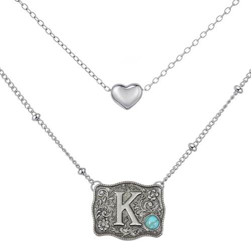 Image of Belt Buckle Bracelet Initial Letter A-Z Bracelets Western Cow Tag Bracelet Belt Buckle Necklace Western Style Initial Letter Pendant Necklace