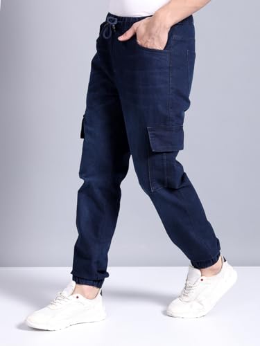 Image of The Indian Garage Co Men Regular Fit Solid Mid-Rise Stretchable Denim Cargo Joggers