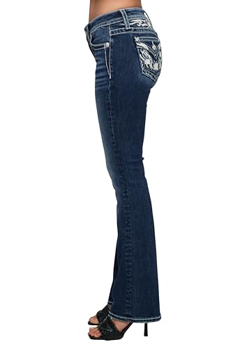 Miss Me Women's Mid-Rise Glacé Bleu Filigree Faux Flap Pockets Bootcut Jeans3