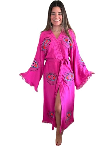 Handmade Evil Eye Kimono - Fuchsia Festival Women Clothing - Bohemian Robe - Boho Cotton Cardigan - Dressing Gown3