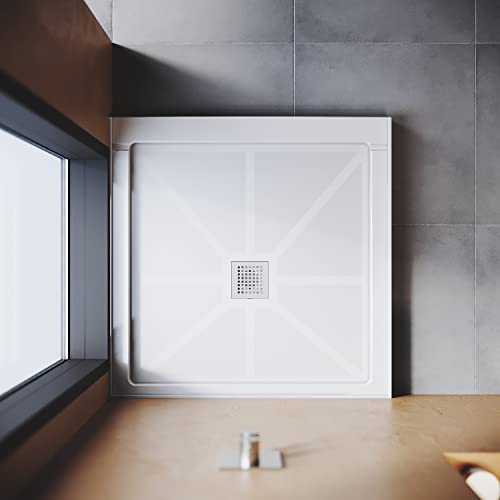 Ziocceh 36" L X 36" W X 4" H Center Drain Shower Pan Single Threshold Anti-Slip Acrylic Shower Base White With Brushed Nickel Cover #TOP6