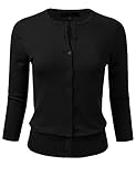 Women's Button Down 3/4 Sleeve Crew Neck Knit Cardigan Sweater Black 2X