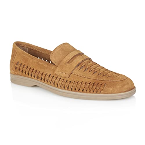 Silver Street London Mens Perth Suede Tan Leather Step-in Loafer with Woven Panels - 11