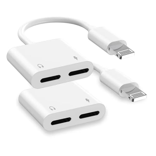 Dual Lightning iPhone Splitter & Charge Dongle Adapter,[Apple MFi Certified]4 in 1 Audio+Charge+Call+Volume Control Headphones Audio Adapter Compatible with iPhone14/13/12/11/XS/XR/8/7 iPad/iPod/2Pack