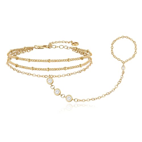 Cicy Bell 18K Gold Plated Hand Chain for Women Layered Stackable Dainty Ring Bracelet Adjustable Satellite Bead Dot Link Finger Bracelets Trendy Jewelry Gift