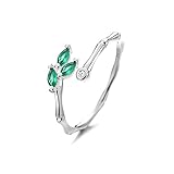 CZ Spring Leaf 925 Sterling Silver Adjustable Ring for Women Girls Green Crystal Leaves Statement Stacking Open Band Finger Rings Comfort Fit Dainty Birthday Holiday Jewelry Gift