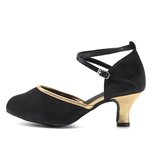 YKXLM Mujeres&Niña Zapatos latinos de baile Zapatillas de baile de salón Salsa Performance Calzado de Danza,ESWXCL-7,Negro+Oro color,EU 39