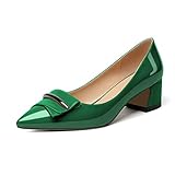 Eldof Women's Pointed Toe Block Heel Pumps Slip On 2 Inches Low Chunky Heels with Bowtie Classic Dress Shoes for Wedding Party Office Patent Green US9