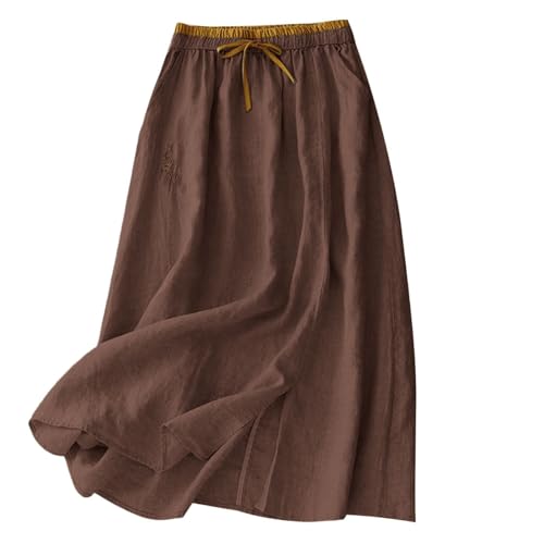 Jupe en Coton Et Lin Femme Mi-Longue ÉTé Taille élastique Casual Légère et Respirante Rétro A-Line DéContractéE Taille éLastique Bohême Jupes avec Poches Ample Couleur Unie D'été Jupe de Plage