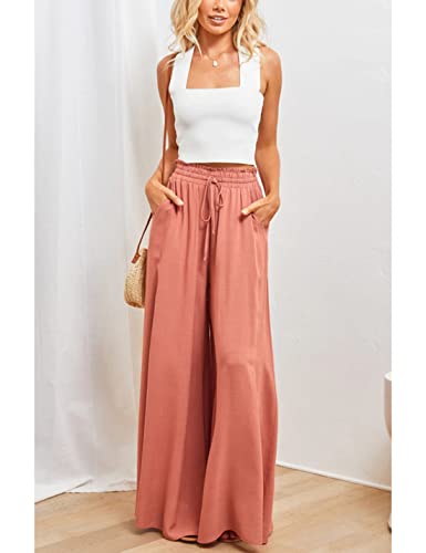 Women's Wide Leg Palazzo Maxi Flowy Pants Elastic High Waist Casual Drawstring Lounge Culotte with Pocket2