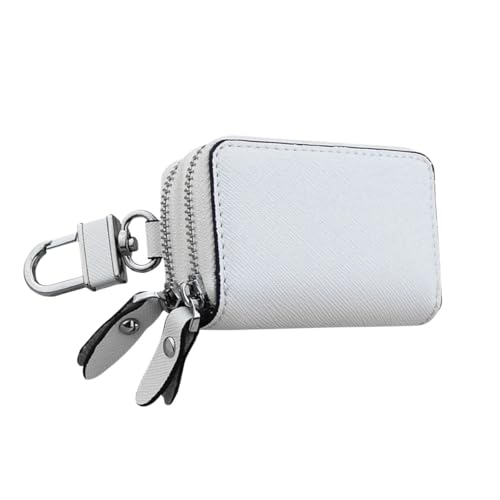 Image of BDZMC Car Key Case, Genuine Leather Car Keychain Holder, 2 Sides Pocket Car Key Fob Zipper Bag, Car Key Case for Women Men(White)