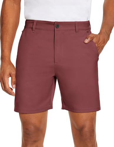 PULI Pantalones cortos de golf para hombre, parte delantera plana, híbridos, 7 pulgadas, ligeros, de secado rápido, estilo chino casual, con bolsillos, Rojo oscuro sólido, 34