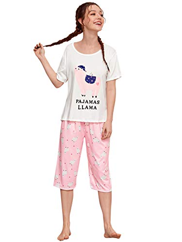 DIDK Women's Cartoon Llama Print Round Neck Tee and Pants Pajama Set Pink L