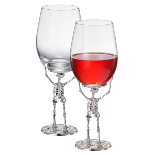 Stemmed Skeleton Wine Glasses, Set of 2, 10 Inch Tall Silver Metal Base Borosilicate Glass 19oz Decorative Drinkware for Parties, Dining, Home Bar, Gifts and Unique Tabletop Entertaining