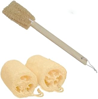 Indigenous Living Body & Back Exfoliation Combo Kit | 2 Natural Loofah Scrubbers + 15-Inch Long Handle Bath Brush | Deep Exfoliating Body Scrubber Set for Men & Women | Gentle, Plant-Based Skin Cleansing