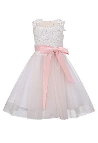 Bow Dream Lace Vintage Flower Girl's Dress Tulle Sleeveless Blush Pink 10