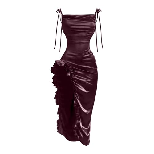 Sexy Summer Dresses for Women, Spaghetti Straps Side Split Ruffle Hem Bodycon Long Dress Party Beach Sundresses Vestidos Elegantes De Mujer Spring Fashion Vacation Outfits 2025 Red