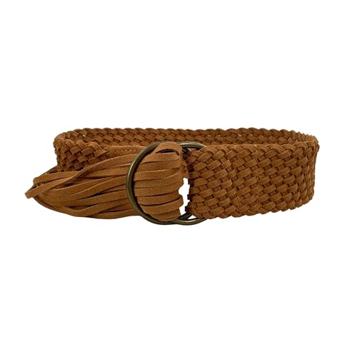 Wide Waist Suede Leather Woven Dress Belt for Women, Braided with Tassel for Tunics