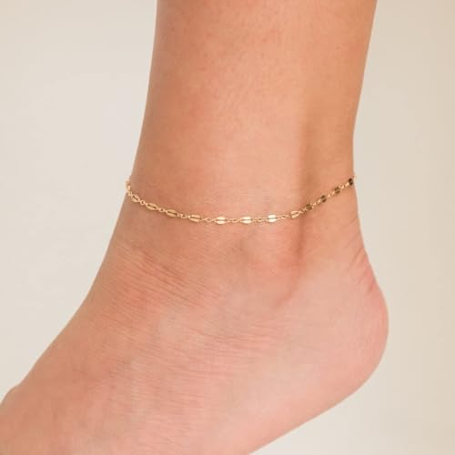 Dainty Ankle Bracelets for Women 18K Gold Plated Satellite Beaded Herringbone Chain Anklets Simple Lip Chain Anklet Minimalist Summer Beach Foot Jewelry Christmas2