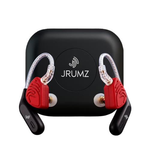 Jrumz XP02 Wireless in-Ear Monitor Earbuds, Lightweight IEM Earphones, 48-Hour Playtime, Over-Ear Earhooks Sound for Singers, Fitness, Musicians, Drummers, DJs, and Travel (Red and Black)